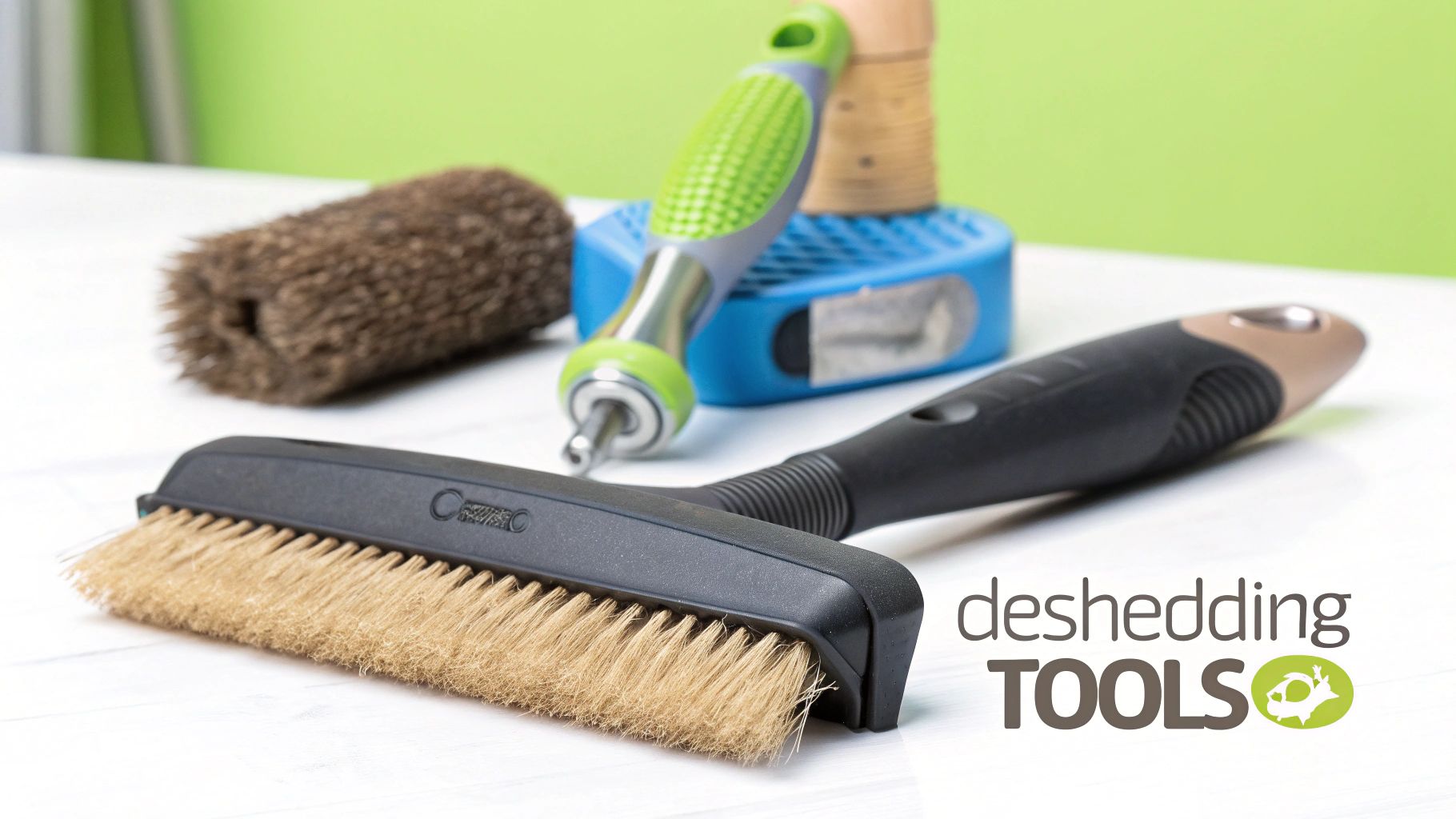 Collection of various deshedding grooming tools for pets, including brushes and combs, on a white surface.