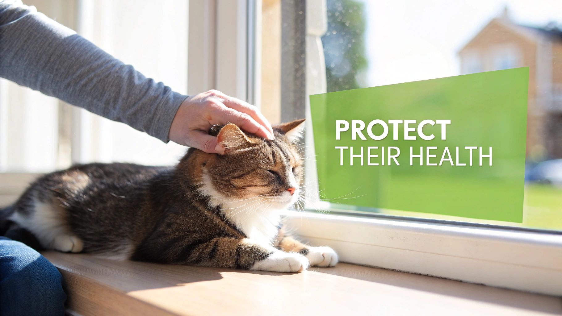 A person's hand gently pets a contented tabby cat relaxing by a sunny window, with a 'PROTECT THEIR HEALTH' sign.