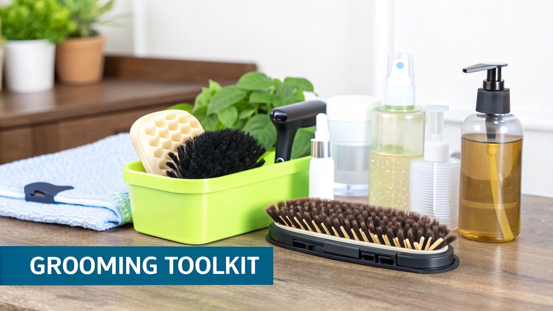 A collection of pet grooming tools, including brushes, sponges, and shampoo bottles, on a wooden surface.