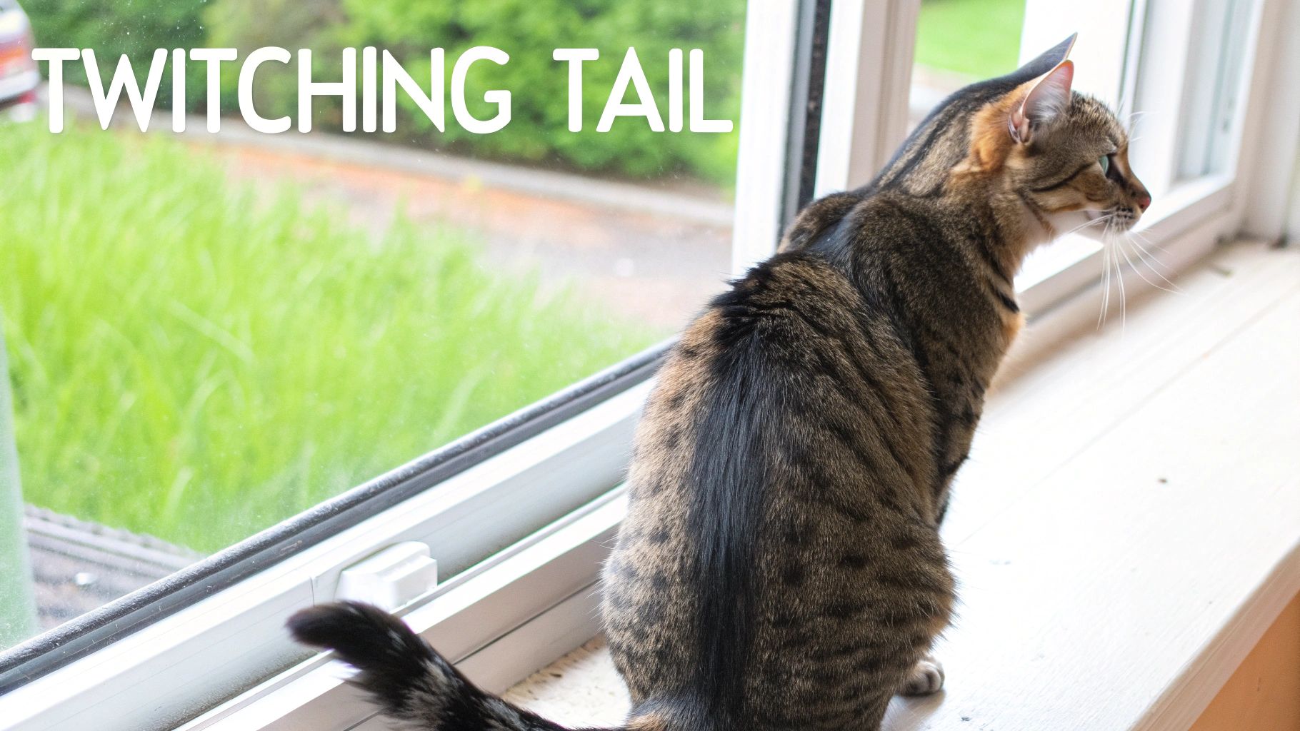 A brown tabby cat sits on a white windowsill, looking out at green grass, with text 'TWITCHING TAIL'.