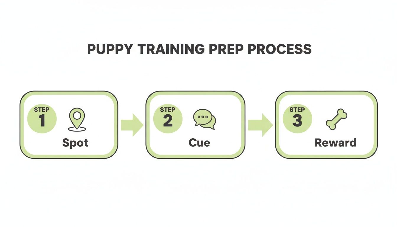 Diagram illustrating the 3-step puppy training prep process: Spot, Cue, and Reward.