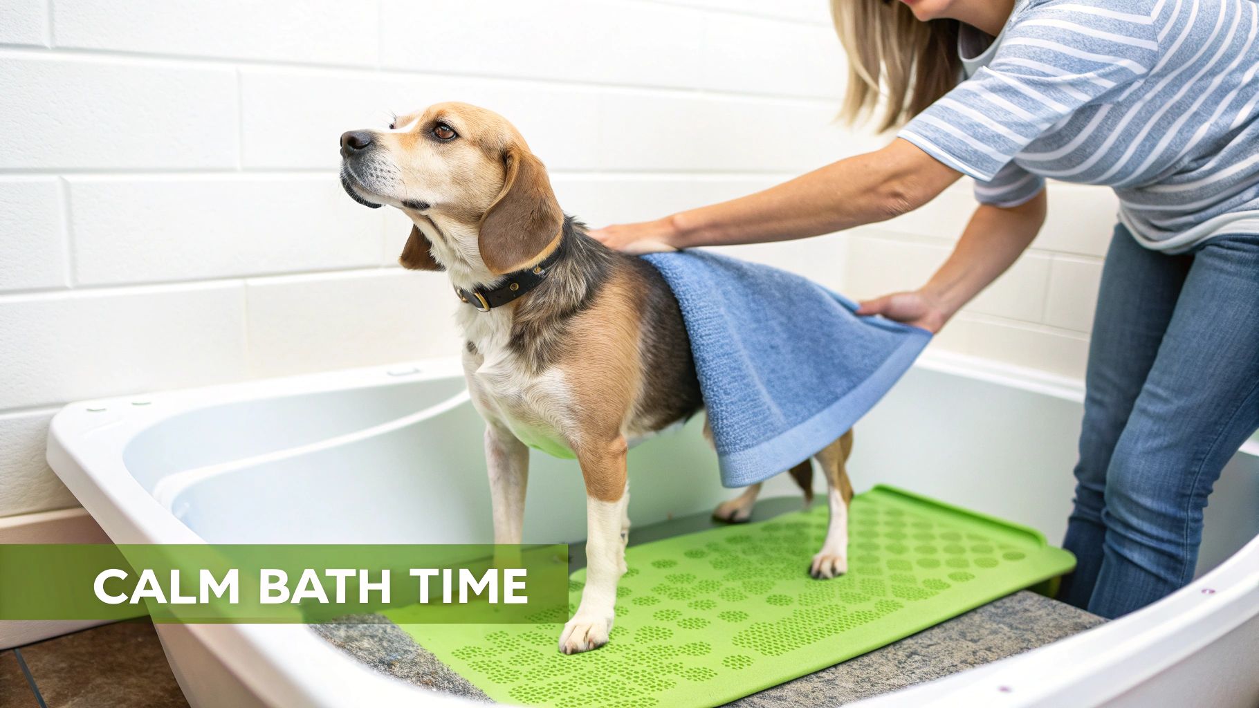 A happy dog with wet fur being gently washed in a bathtub.