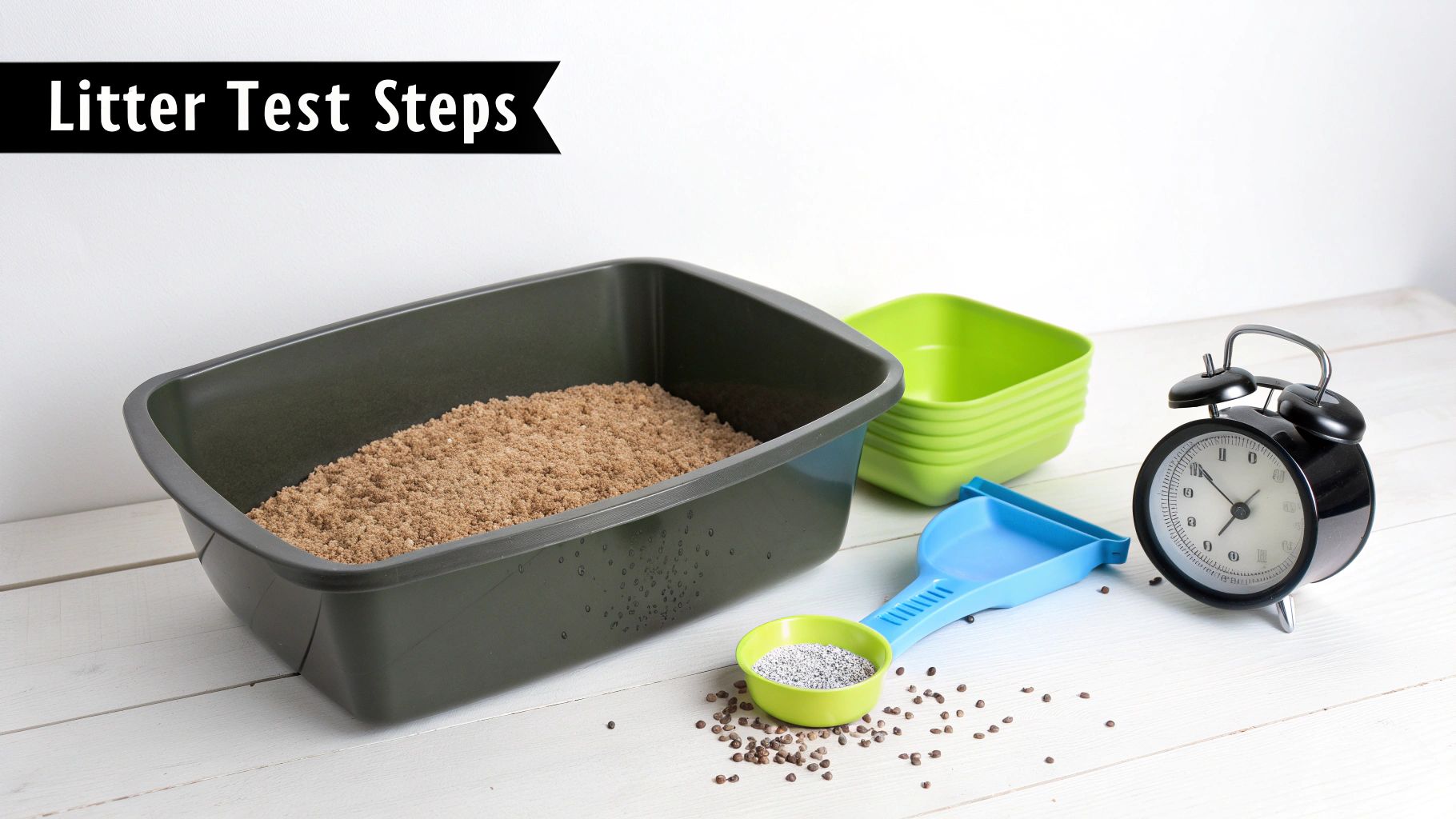 Cat litter box with fresh litter, measuring scoop, bowls and timer showing proper testing setup