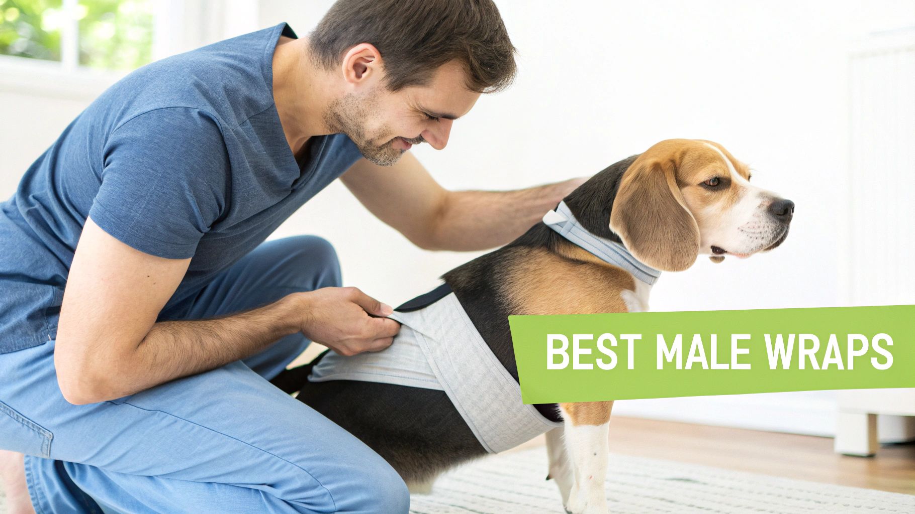 A smiling man gently puts a light grey male wrap on a tri-color beagle dog.