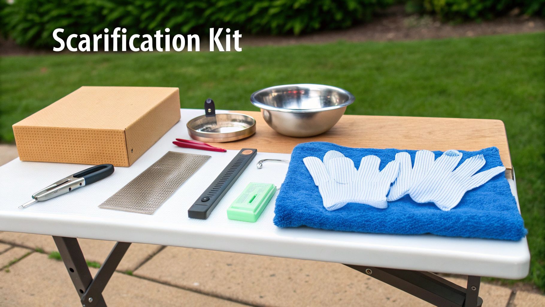 A 'Scarification Kit' displayed on a table with various tools, abrasives, gloves, and bowls for seed preparation.