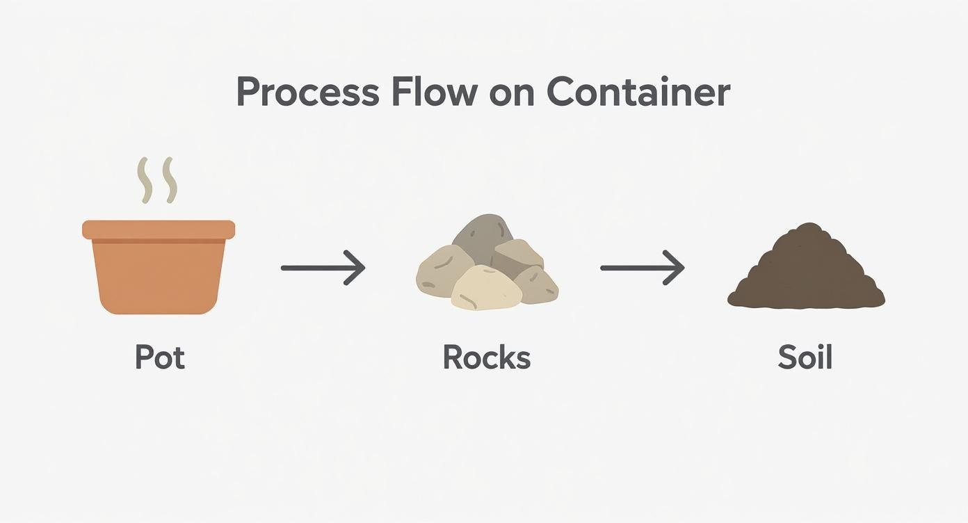 Process flow diagram showing container gardening setup from pot with rocks for drainage to soil layer