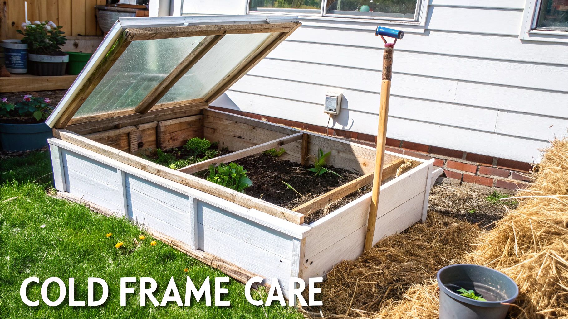 A homemade white cold frame with an open clear lid, showing young plants inside a garden bed. A shovel and straw are nearby.