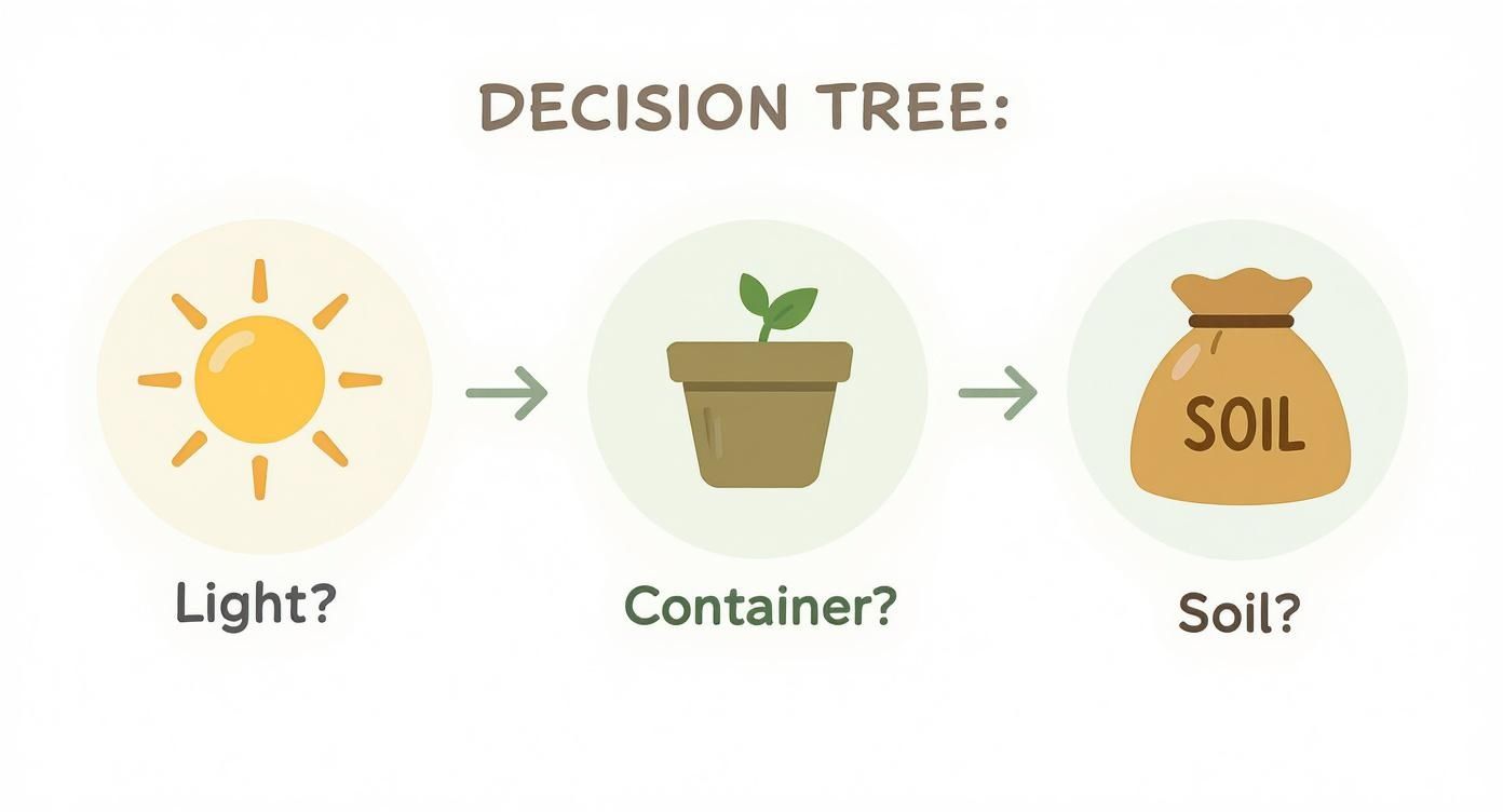 A decision tree diagram showing three steps for planting: light, container, and soil.