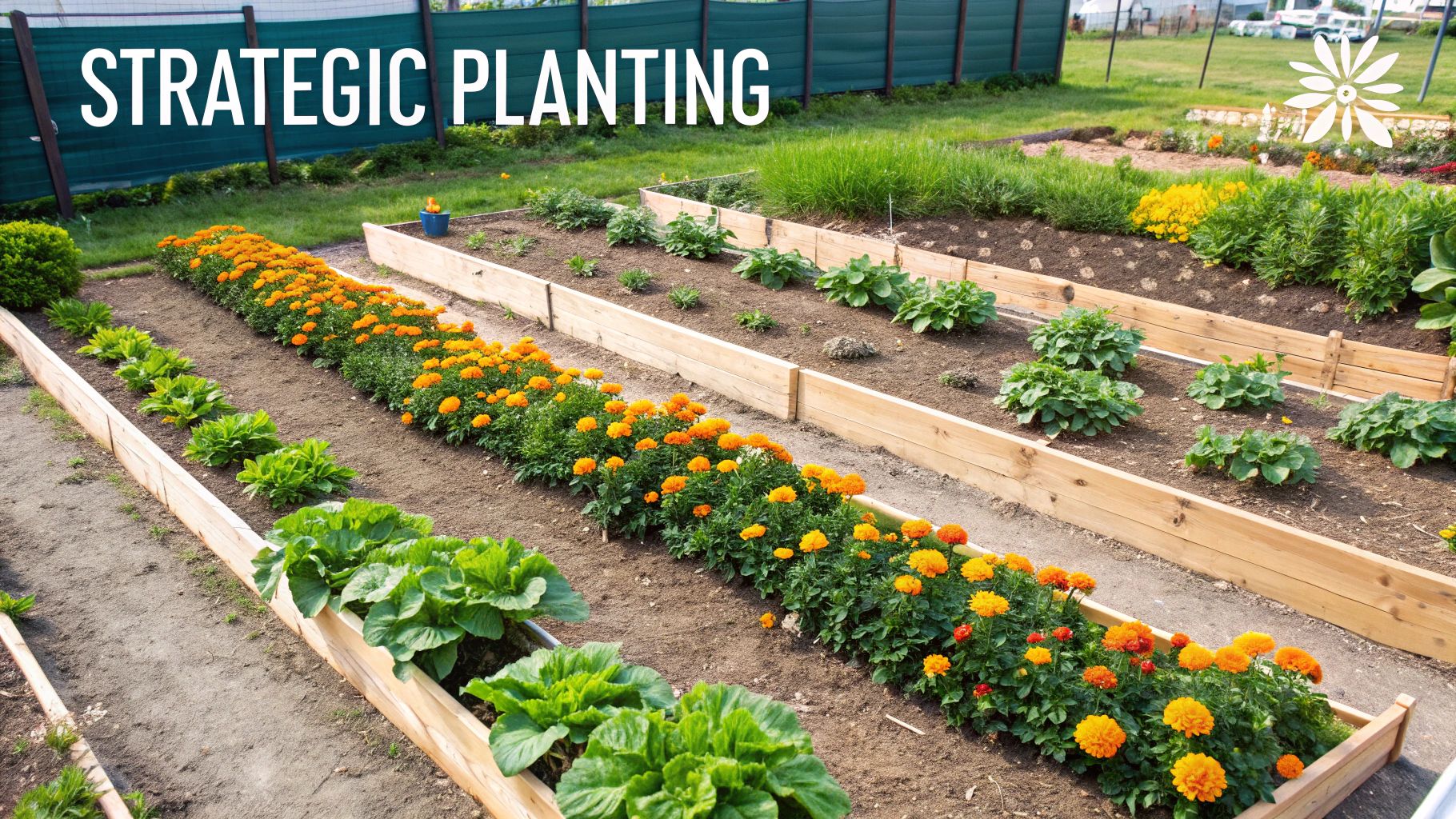 A close-up shot of marigolds planted in a neat row, creating a border in a vegetable garden.