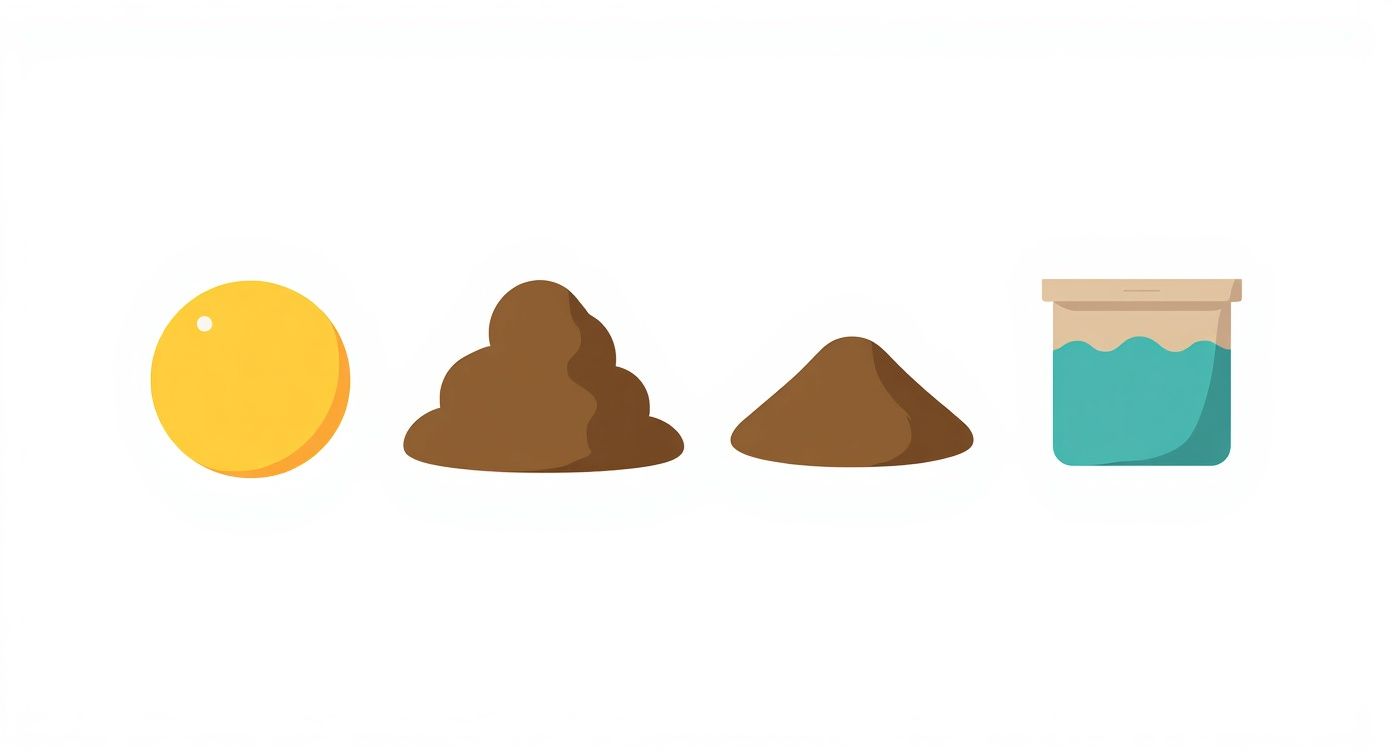 Four cartoon illustrations: a yellow circle, a large brown pile, a small brown pile, and a container with blue liquid.