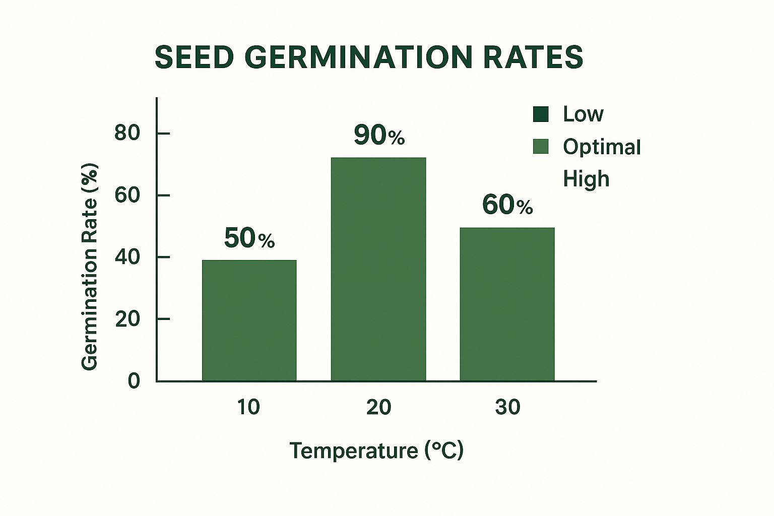 Infographic showing that low temperatures (10°C) result in low germination rates (50%), optimal temperatures (20°C) result in high rates (90%), and high temperatures (30°C) cause a decline in rates (60%).