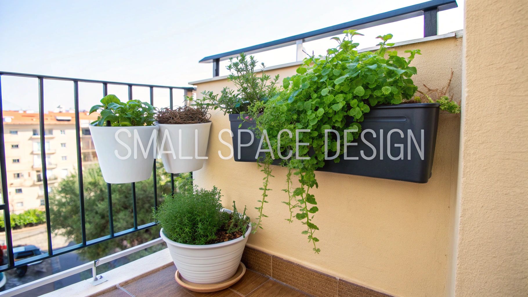 Small balcony herb garden with white and black planters mounted on railing and wall