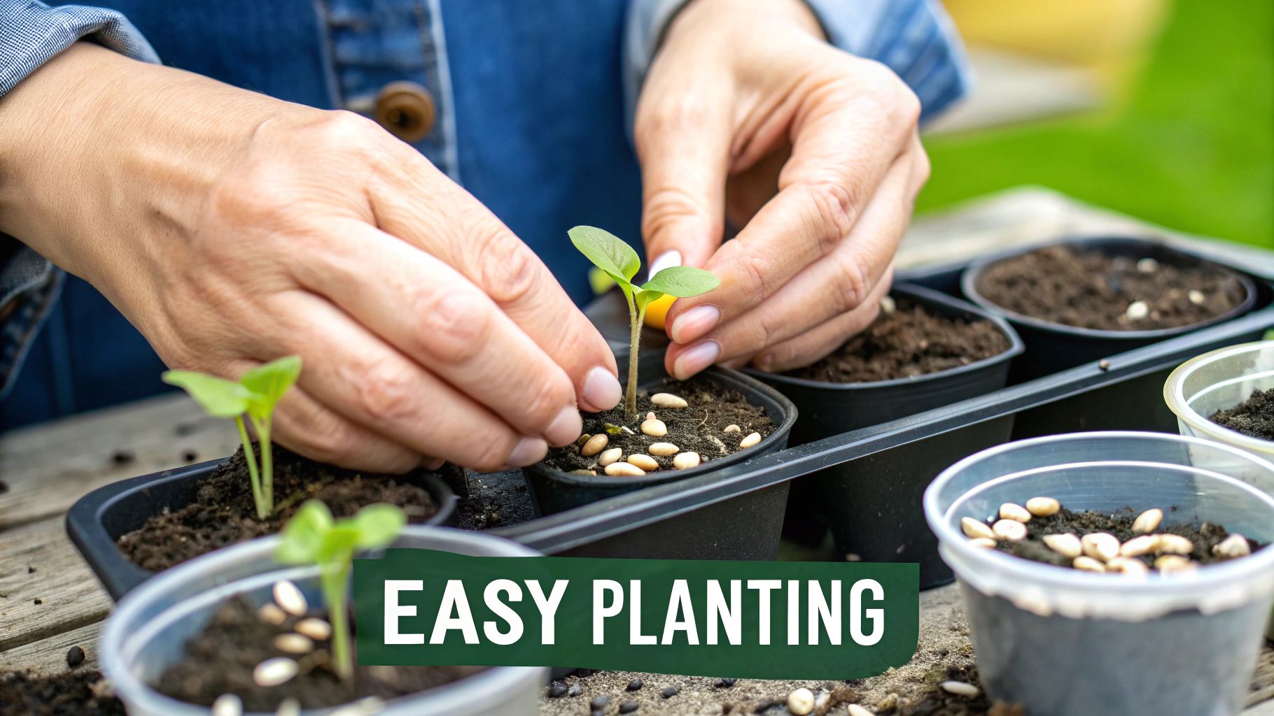 A person's hands carefully placing seeds into the cells of a seed starter kit.