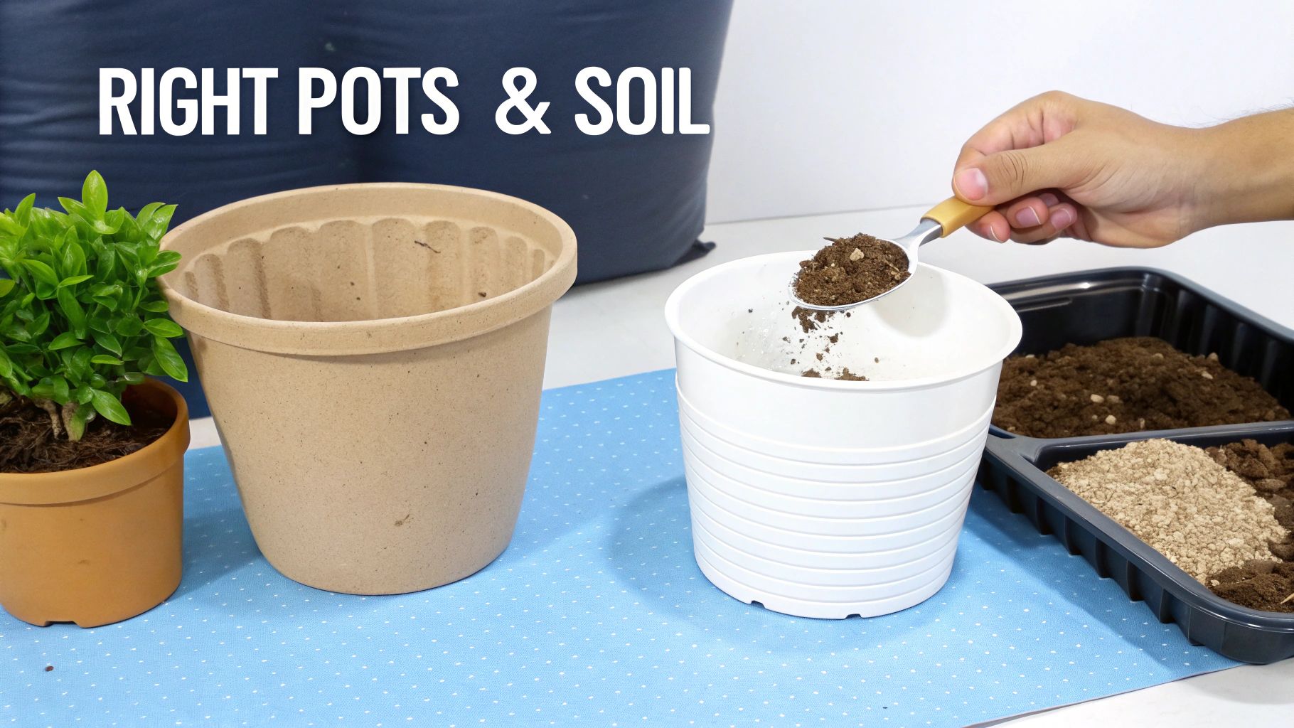 A close-up of hands filling a terracotta pot with rich, dark potting soil.