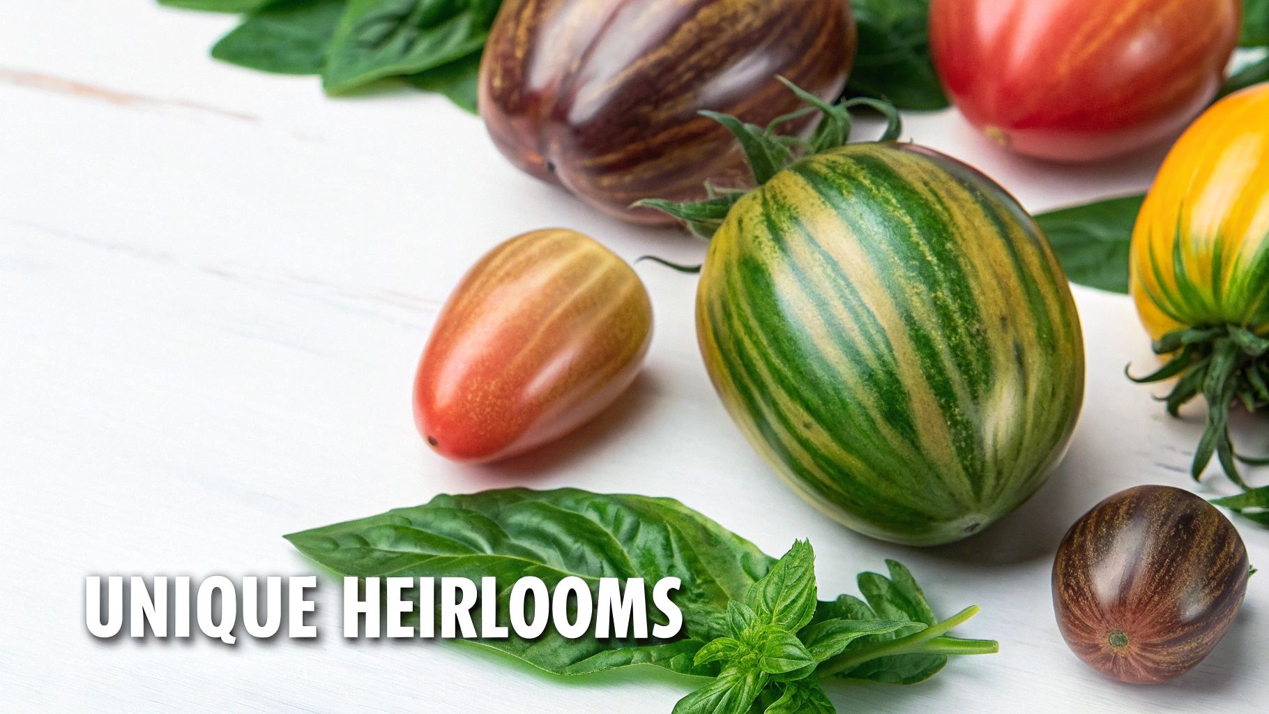 A vibrant display of assorted heirloom tomatoes in various colors and shapes with fresh basil leaves.