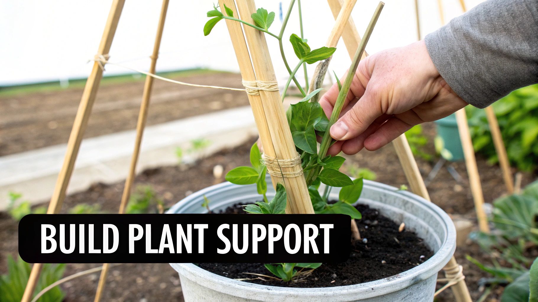 A person's hands pinching the top growth of a young sweet pea seedling to encourage bushier growth.