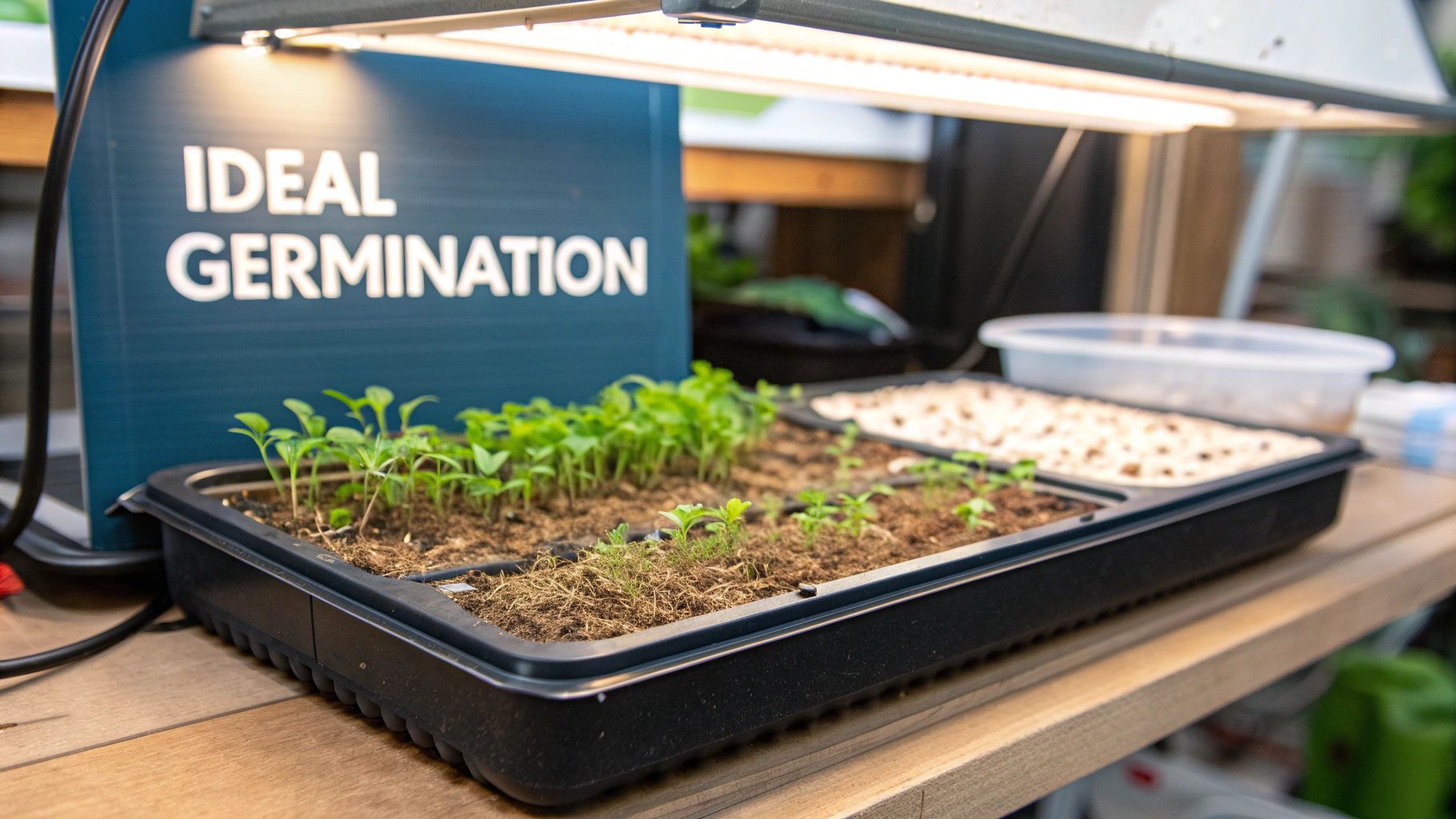 A person misting newly planted seeds in a germination tray with a fine spray bottle.