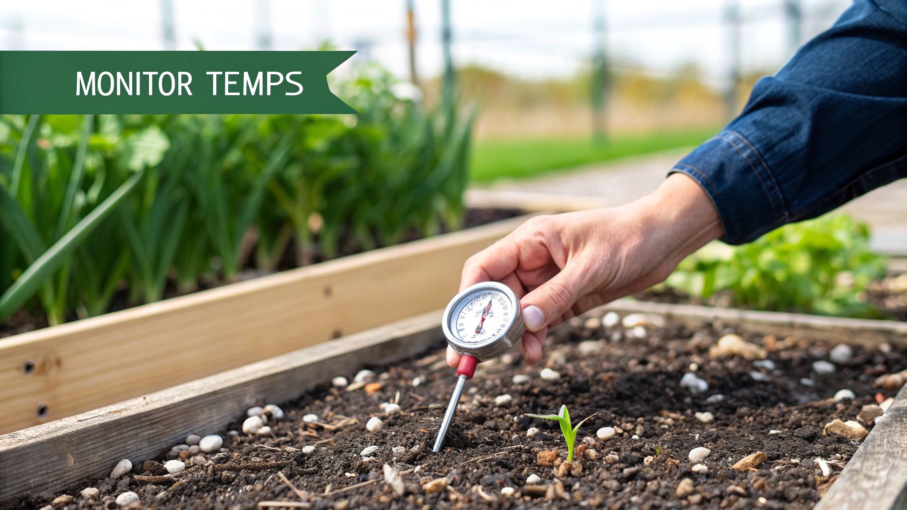 Close-up of a gardener's hands checking soil moisture in a seed starting tray.