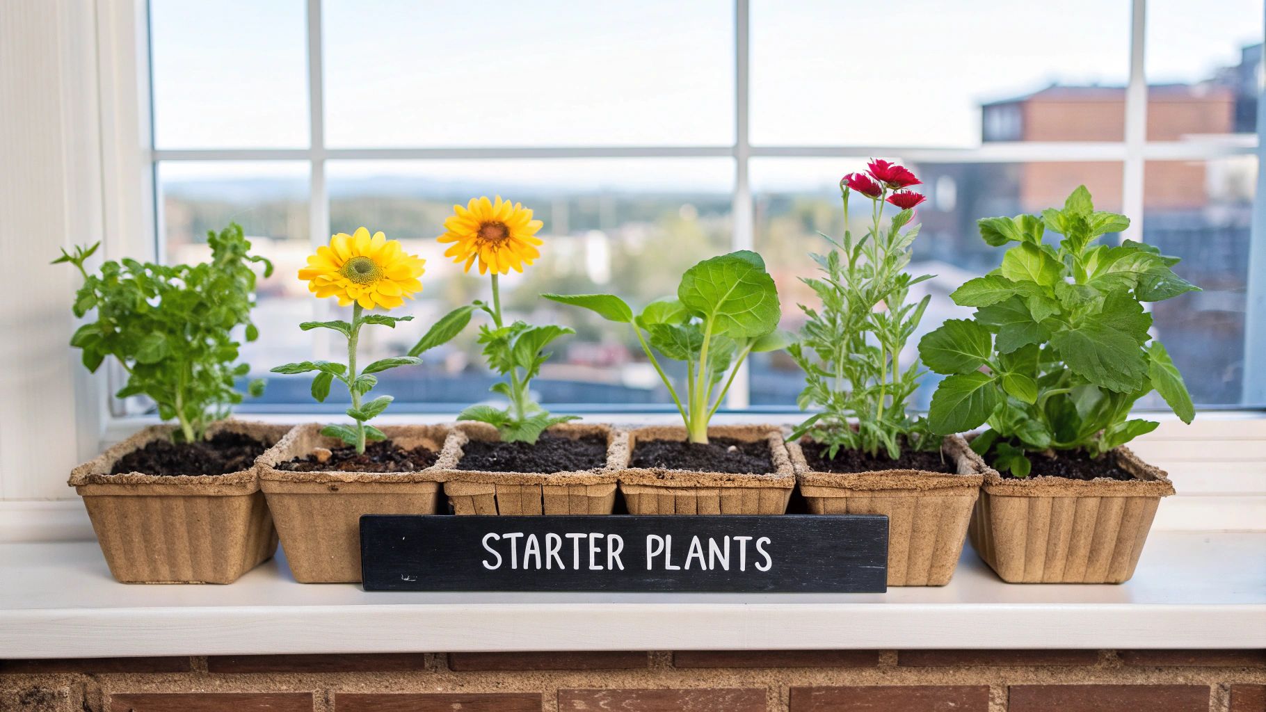 Three small terracotta pots with seedlings sprouting in a bright, sunny spot.