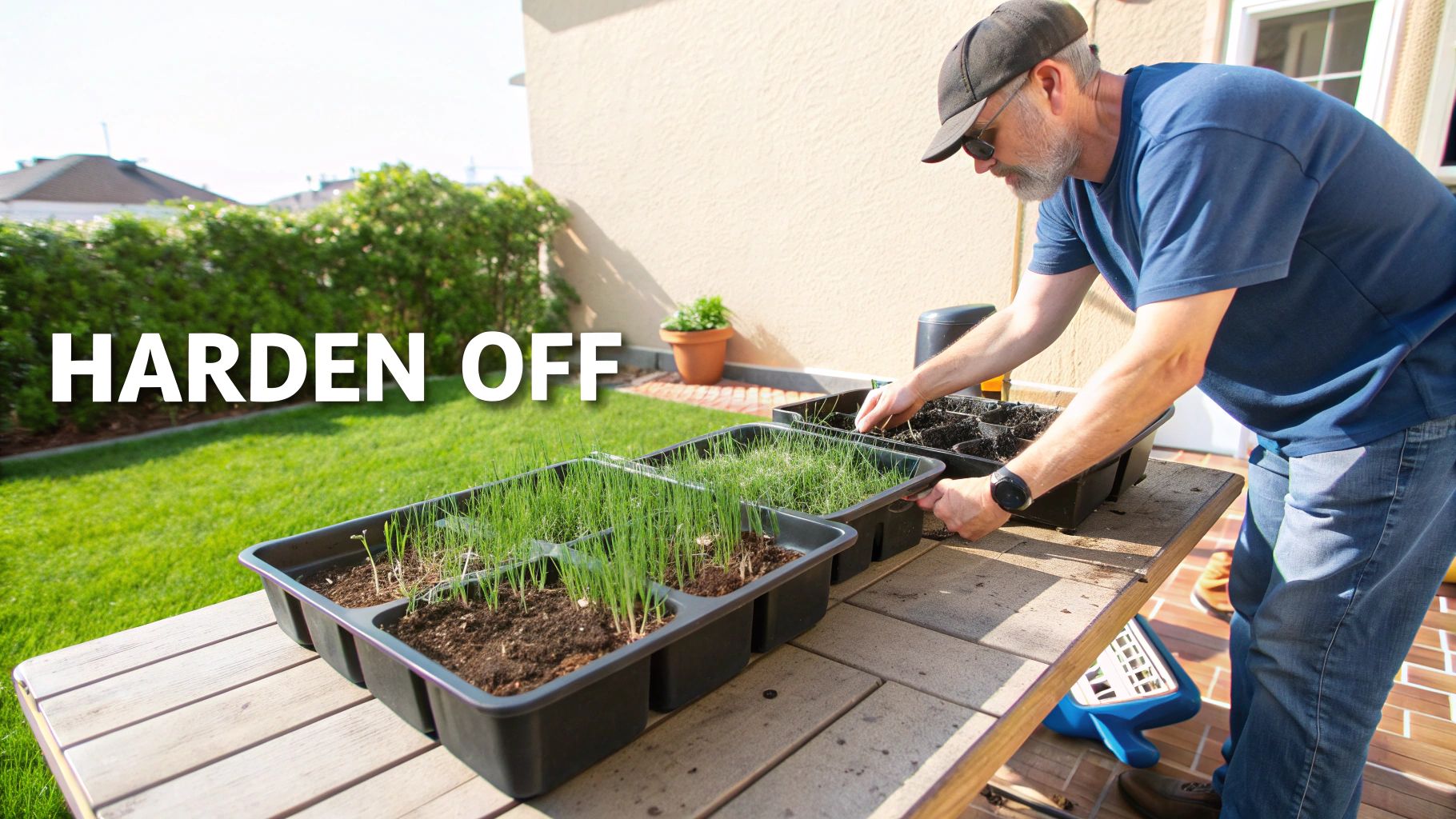 Rows of young bunching onions growing in a garden bed, showing different stages of growth.