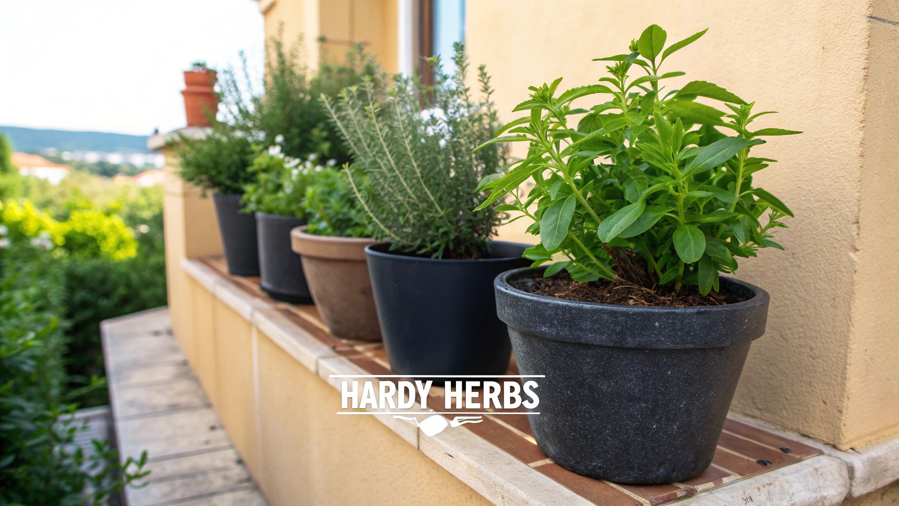 A collection of hardy herbs like rosemary and thyme growing in a garden.