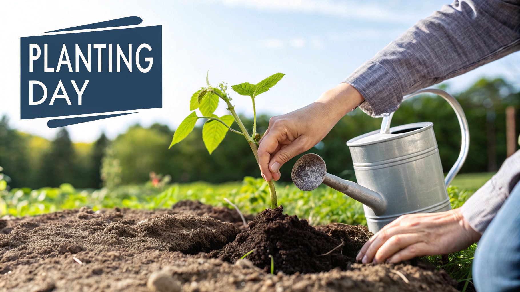 A person carefully planting a new green seedling into rich garden soil.