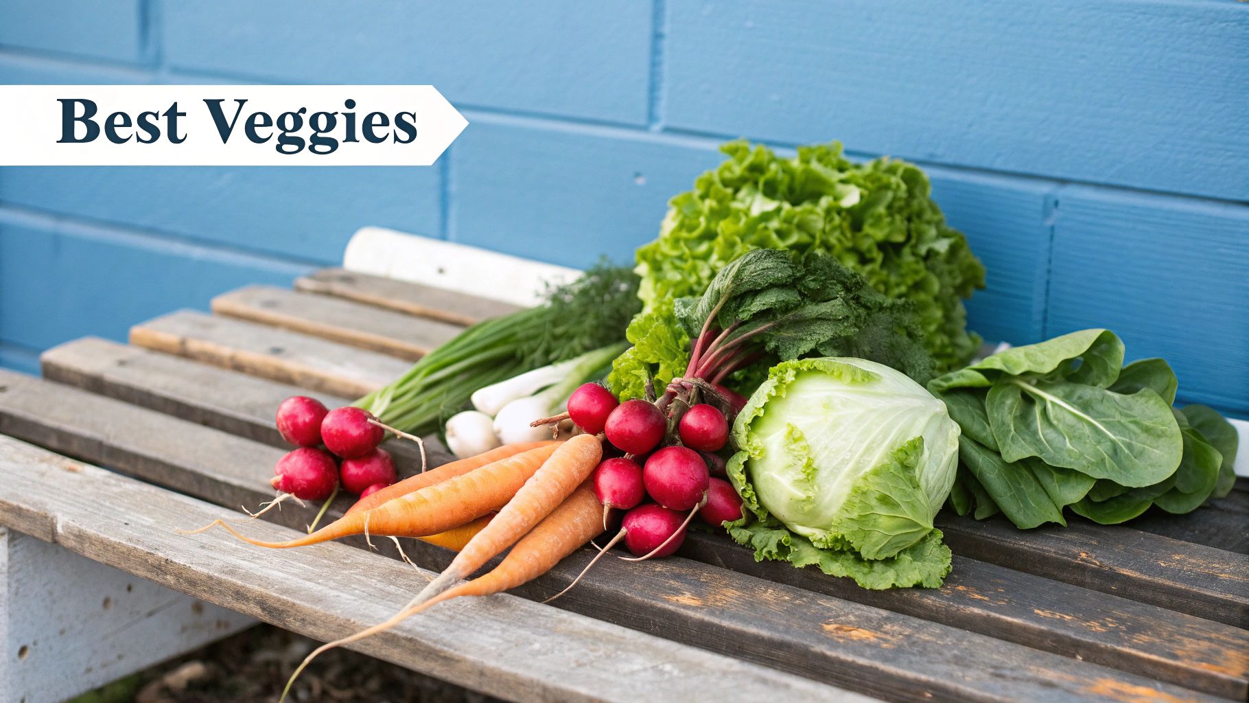 A colorful assortment of freshly harvested vegetables perfect for succession planting, like radishes, lettuce, and carrots.