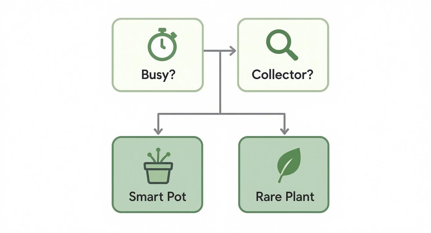 Flowchart showing plant care gift options: smart pot for busy people, rare plant for collectors