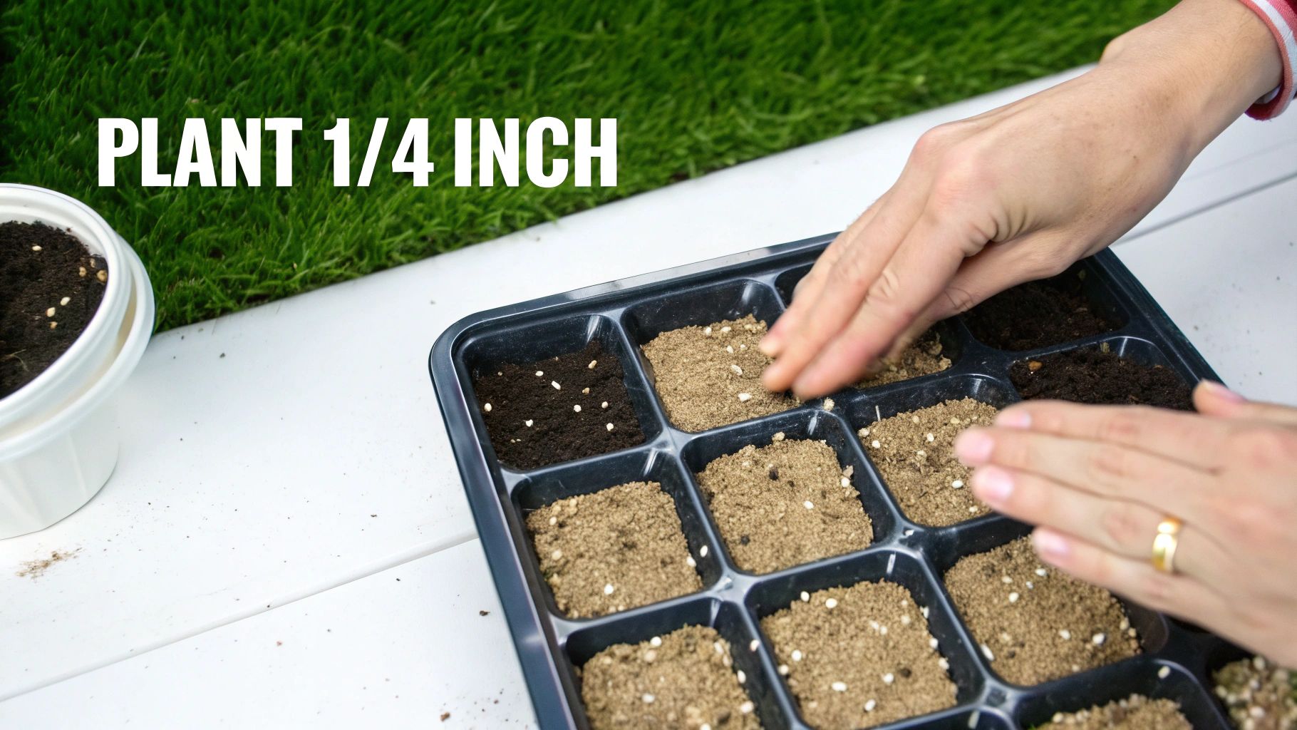 Close-up of hands planting small seeds into soil in a black seed starter tray, with "PLANT 1/4 INCH" text.