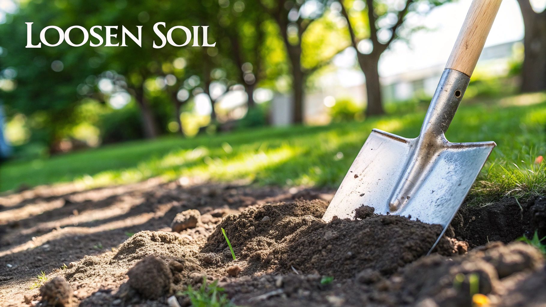 A person using a garden fork to turn over soil in a well-amended garden bed.