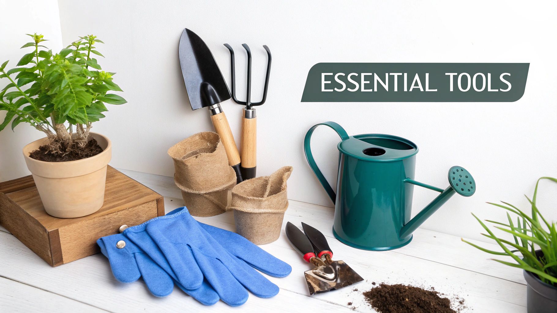 A collection of essential gardening tools including a watering can, trowel, gloves, and potted plants.