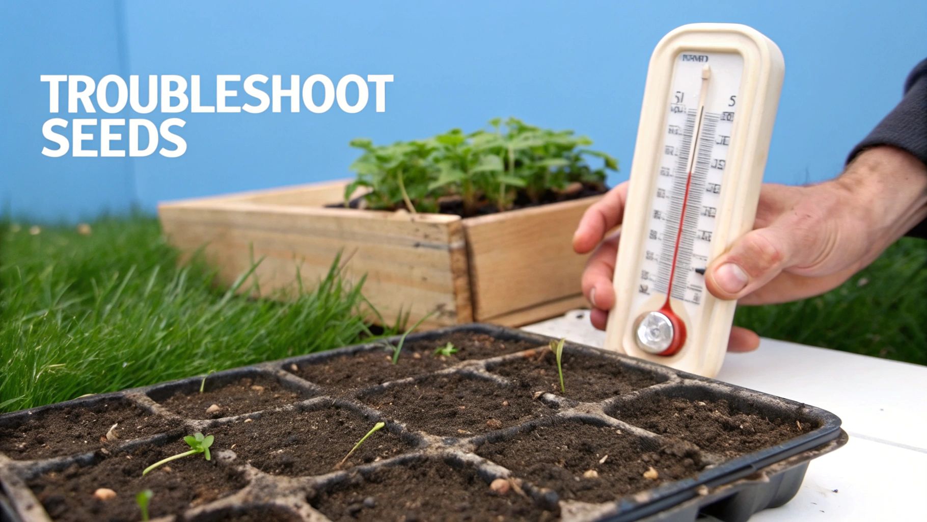 A hand holds a soil thermometer near newly sprouted seedlings in a tray, with a 'Troubleshoot Seeds' title.