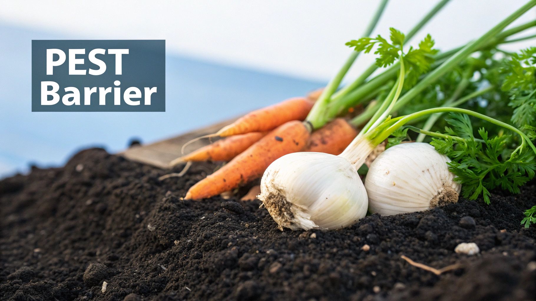 Image of carrots growing alongside garlic in a garden bed.