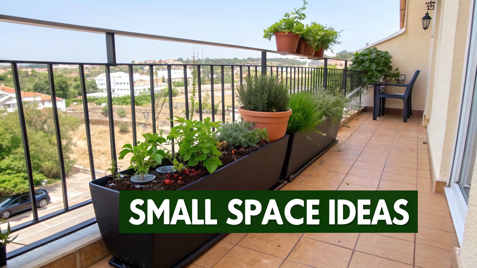A balcony garden with several plants in long black planters and potted herbs, showcasing small space gardening.