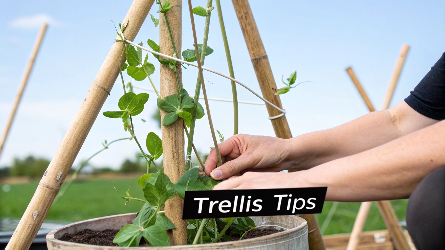 A white wooden trellis in a pot with sweet pea vines climbing up it, showcasing delicate pink and purple flowers.