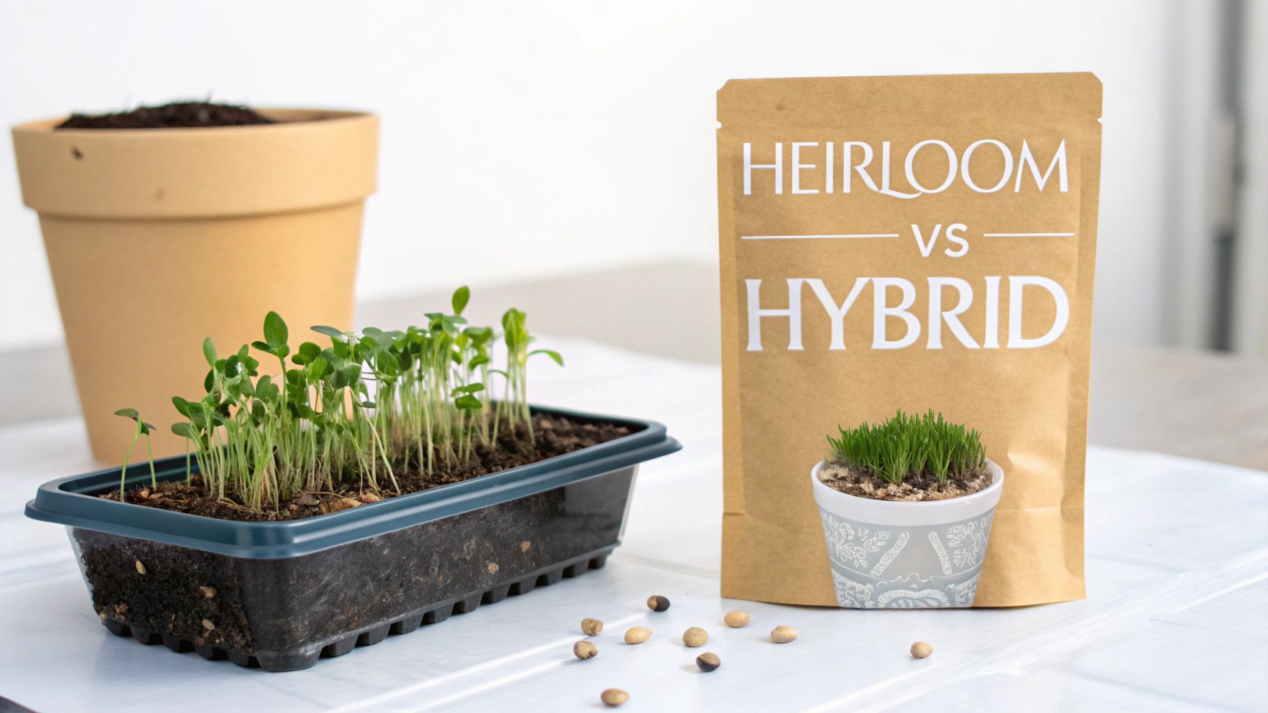 A tray of young green seedlings, scattered seeds, an empty pot, and a 'Heirloom vs Hybrid' seed packet.