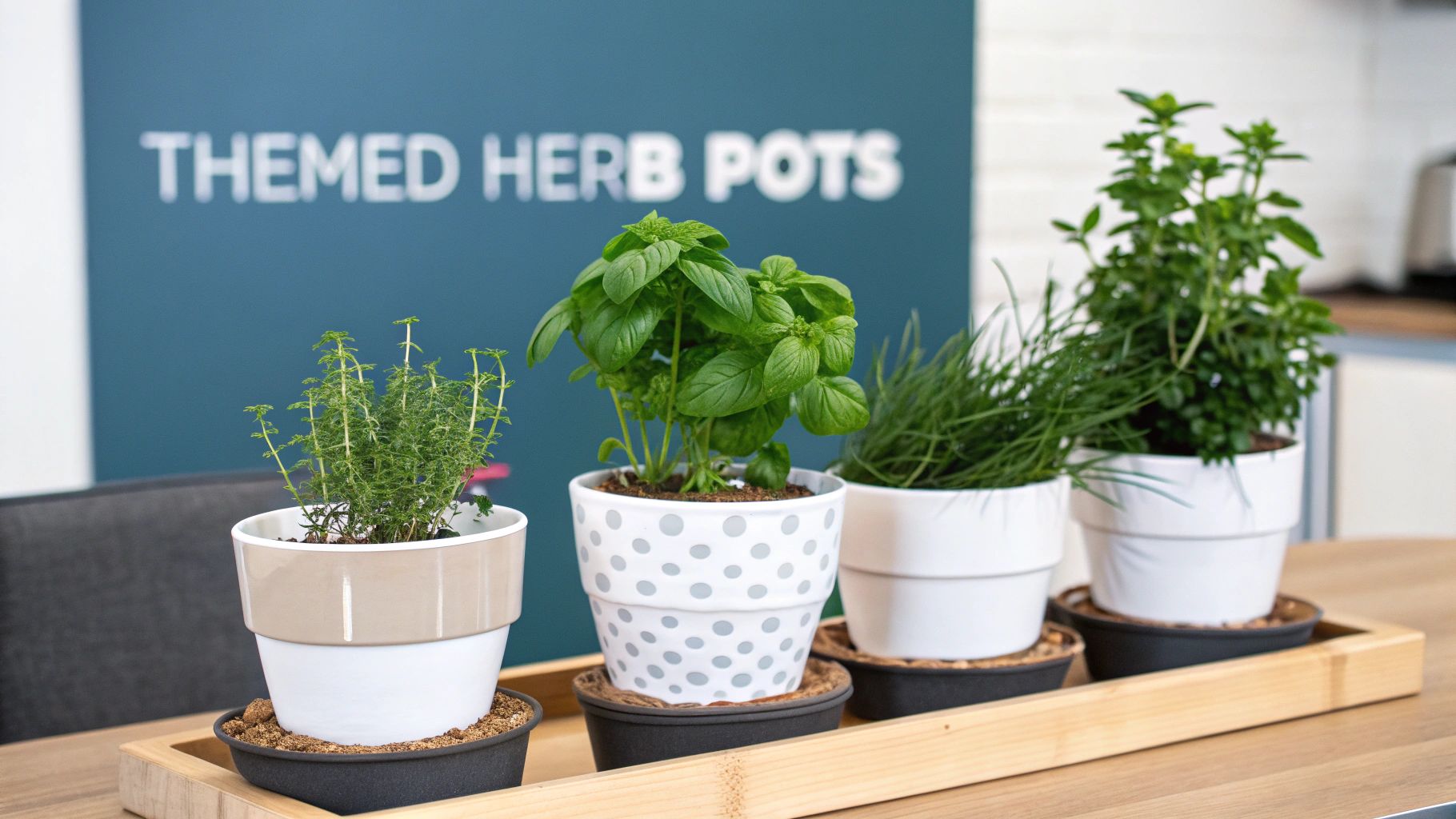 White decorative herb pots with basil, thyme and rosemary arranged on wooden shelf with themed sign