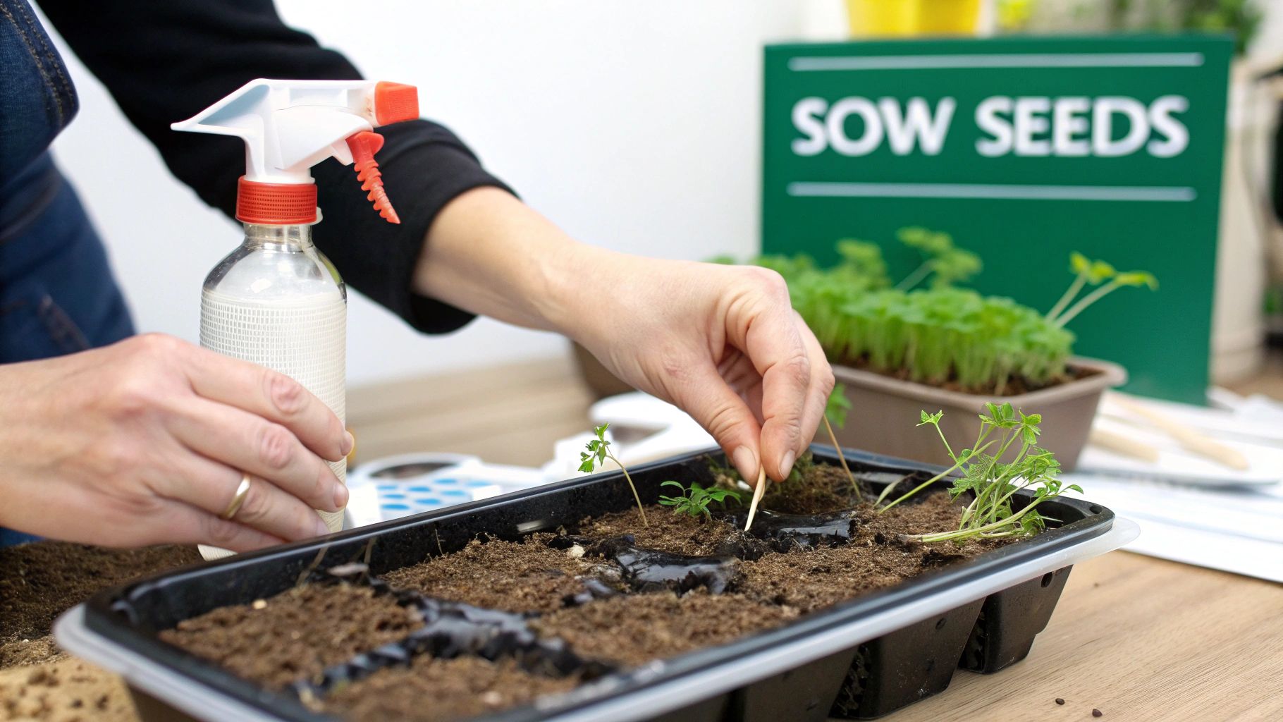 A person's hands gently sowing small herb seeds into a seed tray filled with soil.
