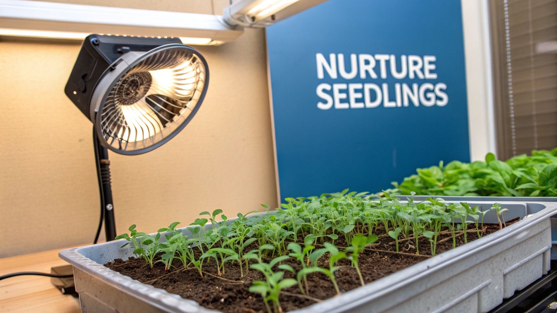 A close-up shot of healthy, green seedlings growing in a black plastic seed tray under bright grow lights.