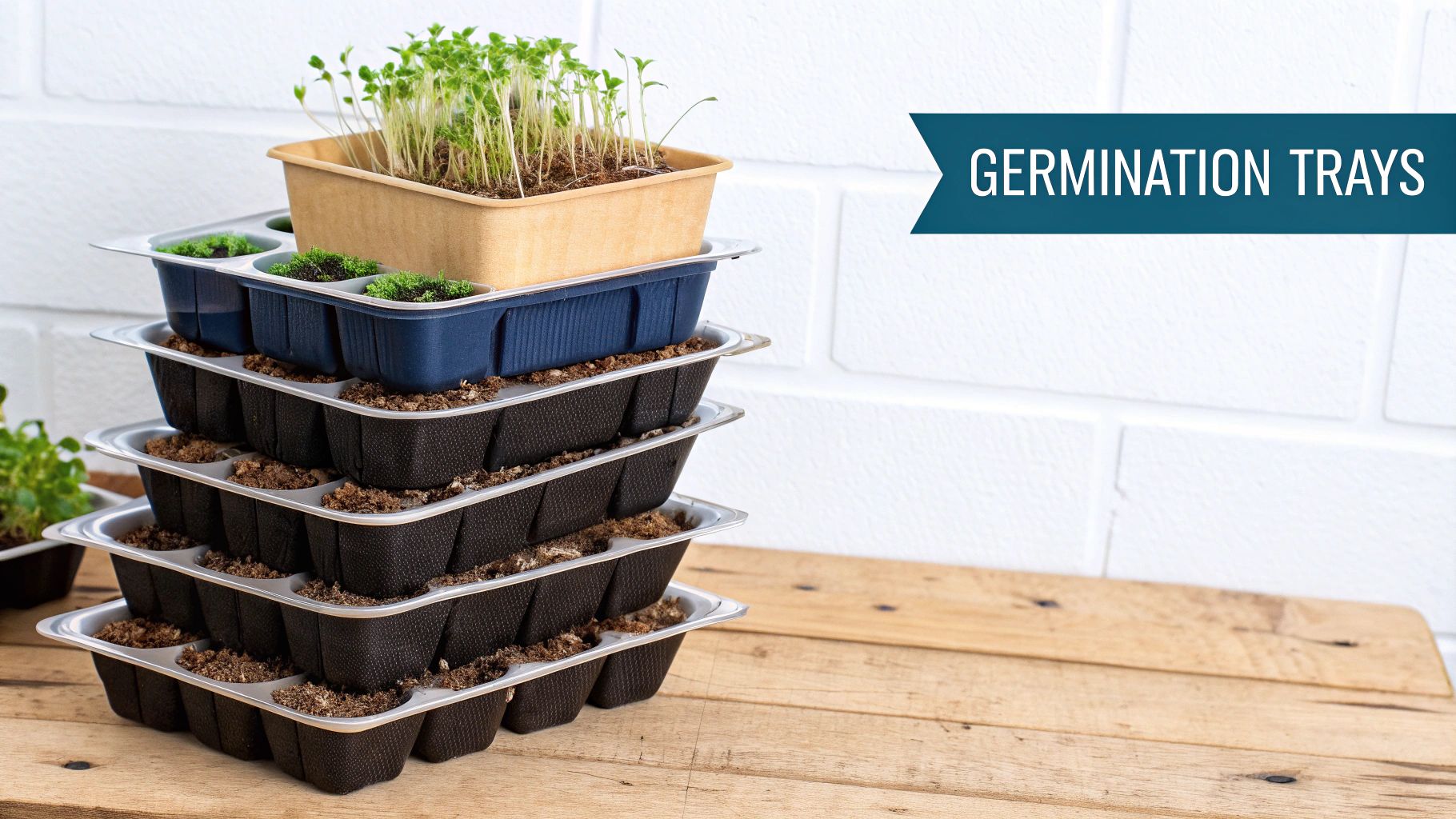 A tray of seedlings with some that are wilting and dying, illustrating a germination problem.