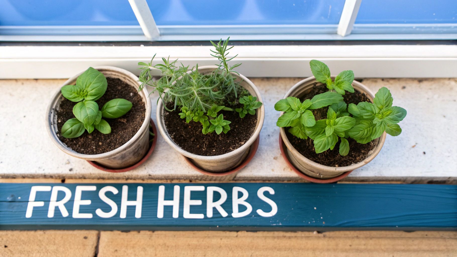 A collection of fresh herbs growing in small pots on a windowsill.