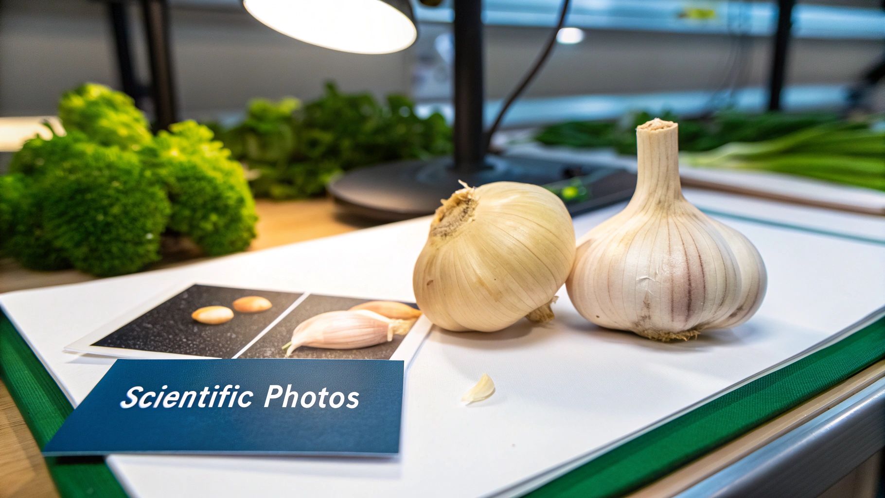 Two whole garlic bulbs and a single clove on a white surface with scientific photos and green vegetables.