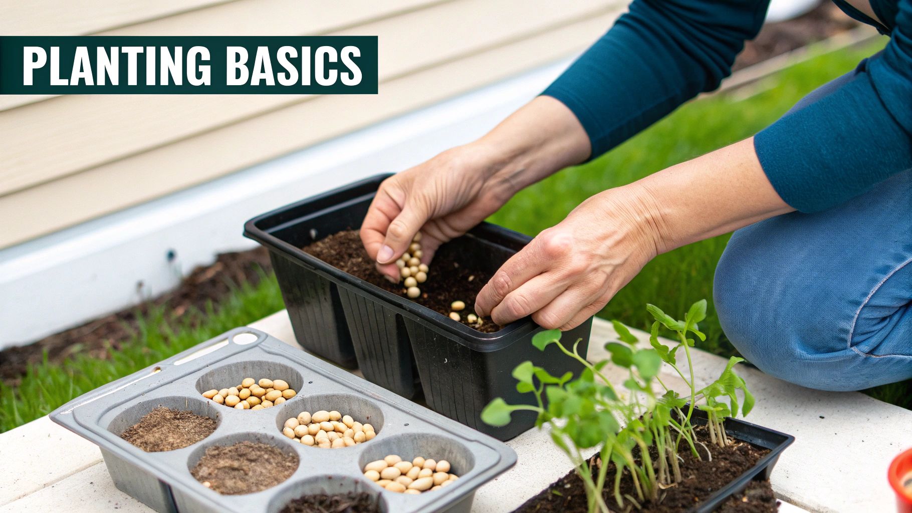 A person's hands planting small sweet pea seedlings into a container.