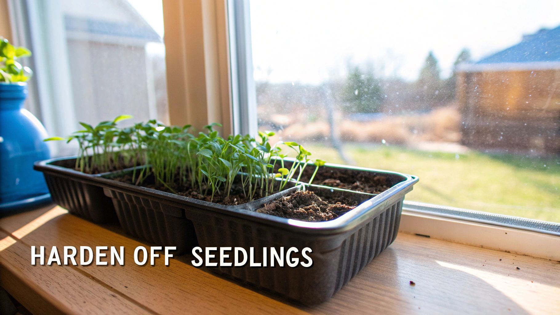 A tray of green seedlings being held outdoors.