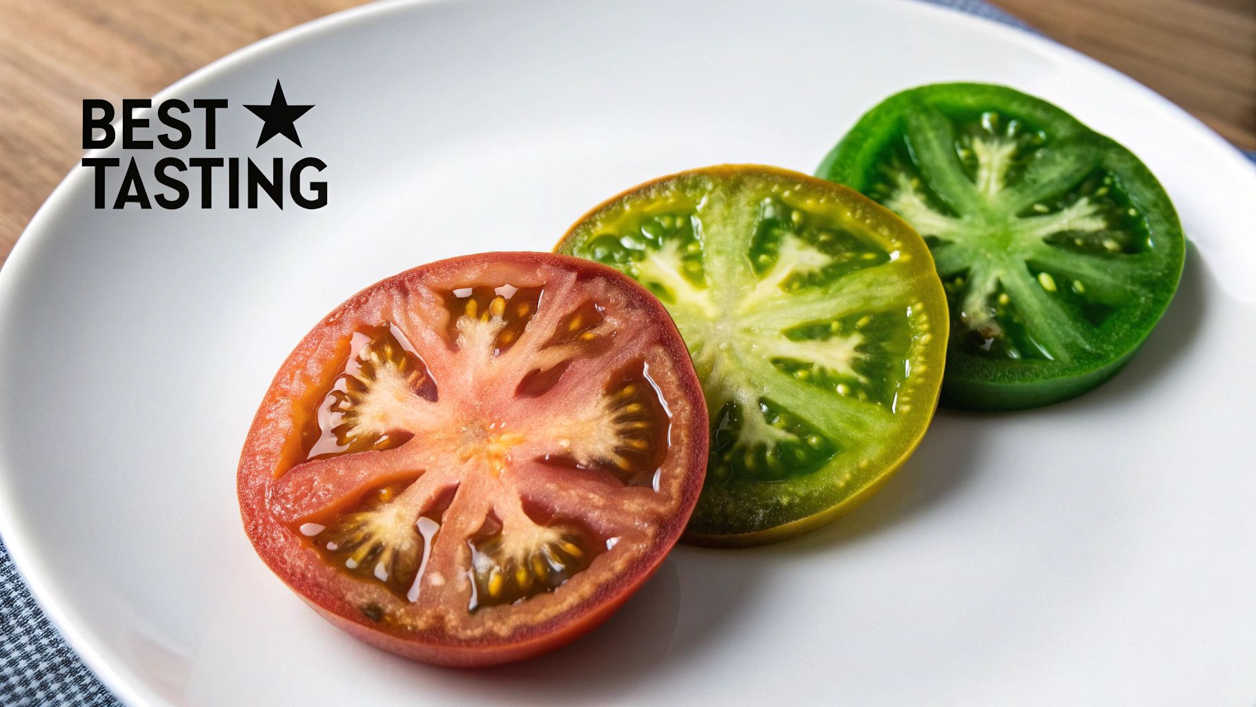 Slices of best tasting heirloom tomatoes in red, yellow-green, and deep green on a white plate.