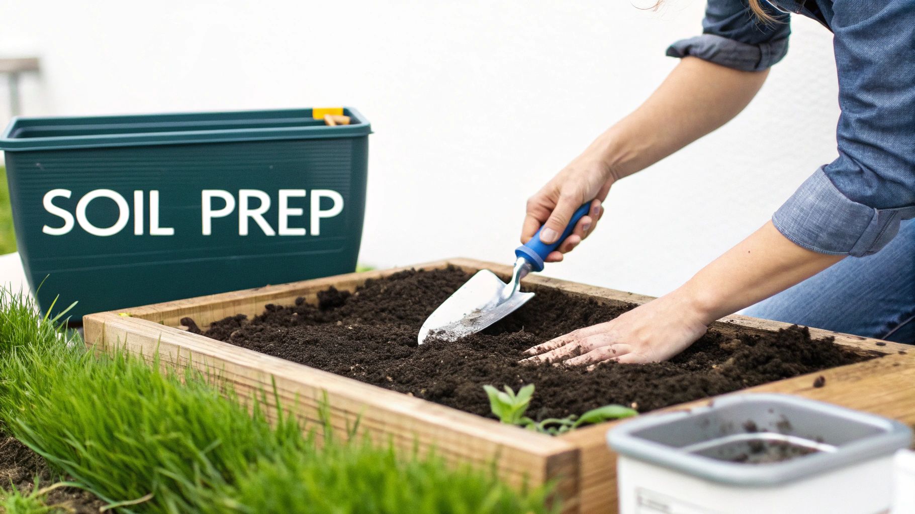 Someone amending garden soil with compost