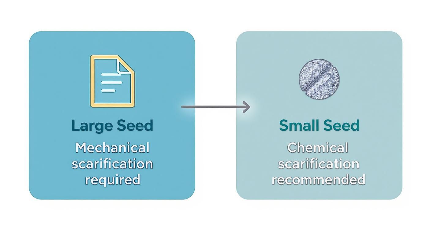 Diagram illustrating scarification methods: large seeds require mechanical, small seeds recommend chemical.