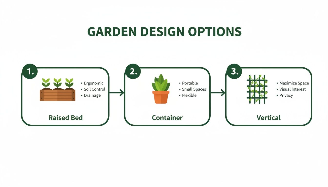 A diagram illustrating three garden design options: raised bed, container, and vertical, with their key benefits.