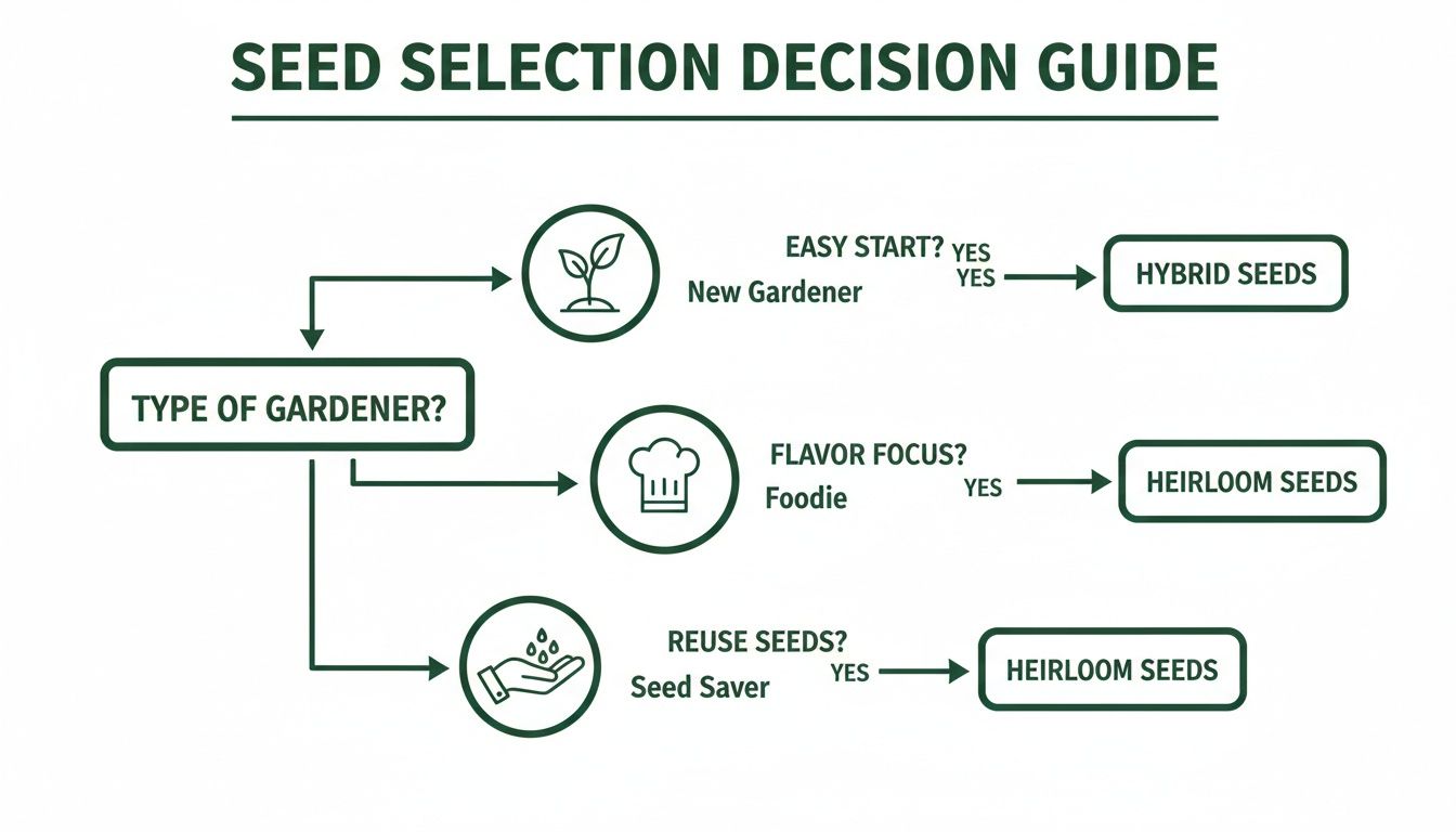 Decision guide for seed selection, helping gardeners choose between hybrid and heirloom seeds based on their needs.