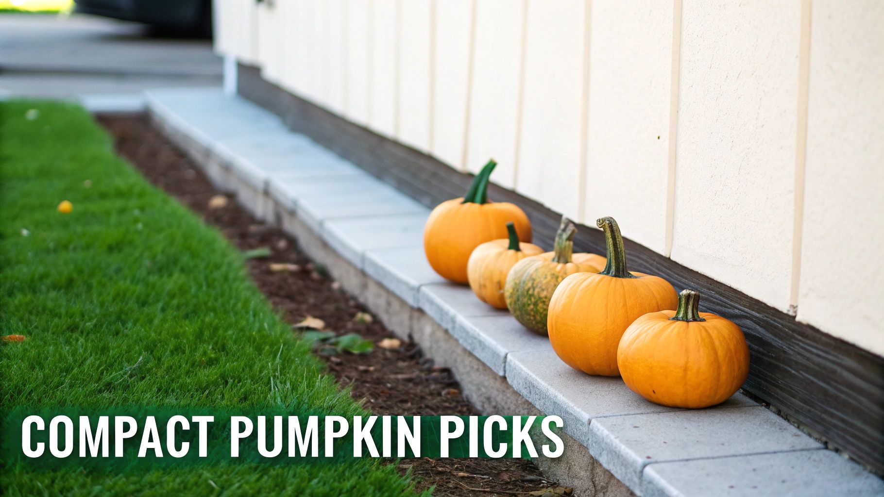 Four small orange and striped pumpkins displayed in a row on front porch steps